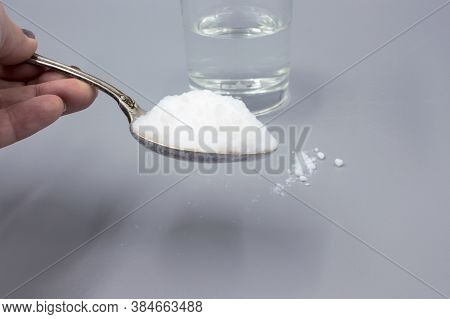 Transparent Glass Glass With Water And White Sorbent Powder For Treatment, Ingestion For Poisoning, 