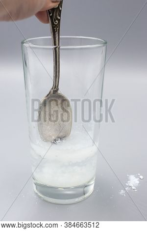 Transparent Glass Glass With Water And White Sorbent Powder For Treatment, Ingestion For Poisoning, 