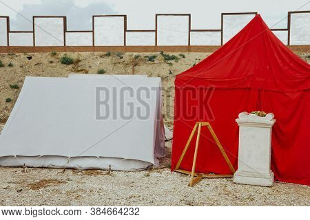 Red And White Roman Antique Tent Story