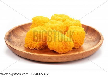 Foi Thong Thai Dessert In Wooden Tray On Background, Traditional Thai Dessert Concept Made From Egg 