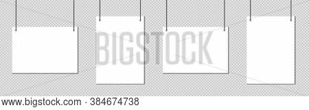 Vector Realistic White Blank A4 Paper Poster Hanging On A Rope With Clip - Stock Vector. Eps 10