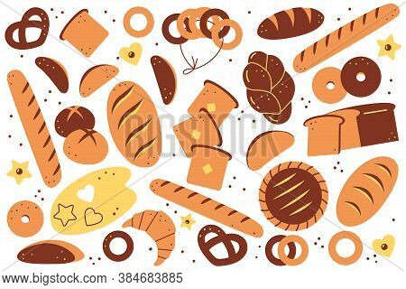 Bakery Doolde Set. Hand Drawn Bread Loaves Pastry Cookies Toasts Buns Croissants Donuts Meal Unhealt