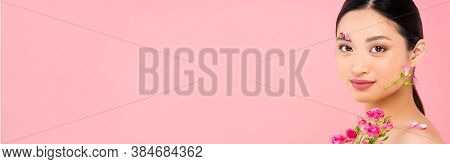 Webside Header Of Young Asian Woman With Buds And Petals On Face And Shoulder, Near Tiny Roses Isola