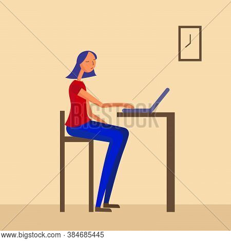 An Illustration Of A Woman Sitting At The Desk With A Laptop. Freelancer Or A Student.