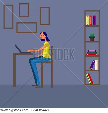 An Illustration Of A Girl Sitting In Her Room With A Laptop. Online Study Concept. Freelance Job.