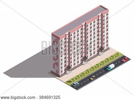 Public Residential Nine-storey Building Isometry. Isometric View Of The House And Cars. 3d Object Fo