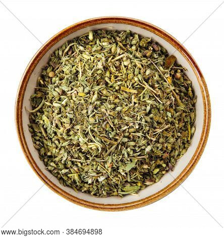 Psd Top View On Dried Savory Seasoning In A Bowl Isolated On White Background
