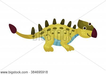 Cute Green Dinosaur With Spotted Coat And Long Tail As Ancient Reptile Vector Illustration