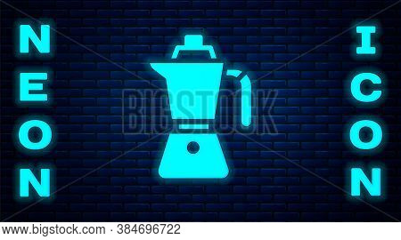 Glowing Neon Coffee Maker Moca Pot Icon Isolated On Brick Wall Background. Vector