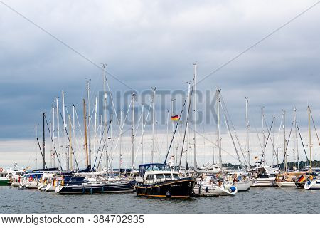 Stralsund, Germany - July 31, 2019: Yachts And Sailingboats Moored In The Pier Of The Harbour. Stral