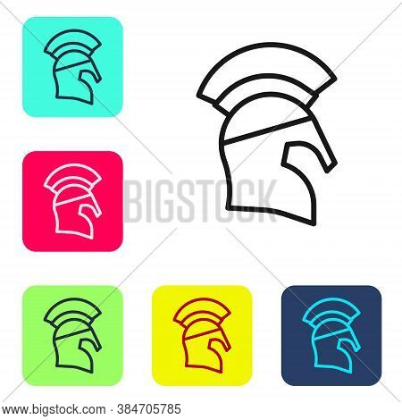 Black Line Greek Helmet Icon Isolated On White Background. Antiques Helmet For Head Protection Soldi