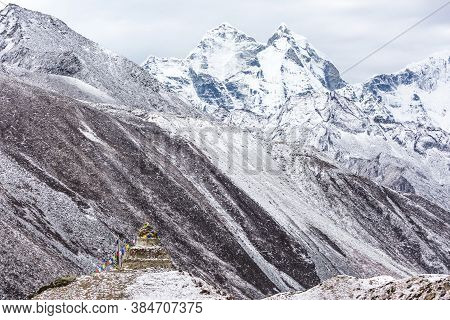 Old Buddhist Stupa In Deboche Village. Way To Everest Base Camp. Nepal, Himalayan Mountains
