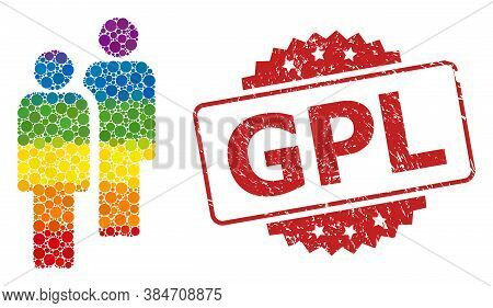 Men Collage Icon Of Spheric Elements In Various Sizes And Rainbow Color Hues, And Gpl Corroded Roset