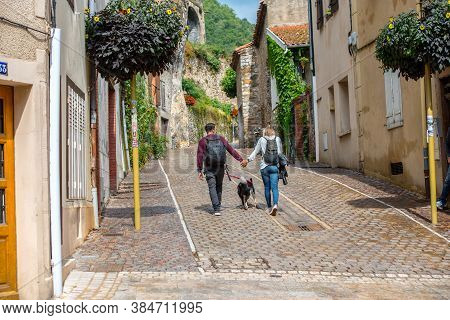 Foix, France :  2020 09 Sept, : People Walk In The Street Of The Village Foix In The South Of France