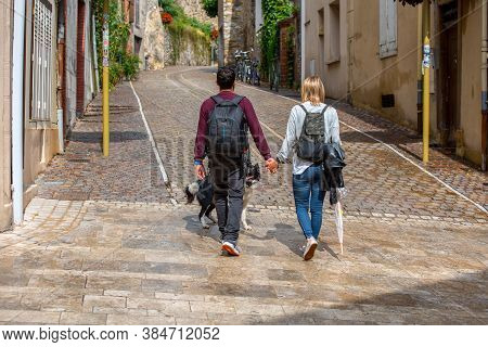 Foix, France :  2020 09 Sept, : People Walk In The Street Of The Village Foix In The South Of France