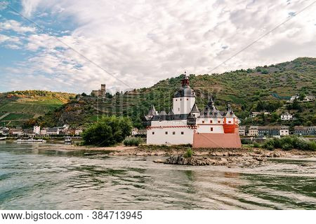 The River Rhjine Near Kaub Germany And The Castle Of Kaub