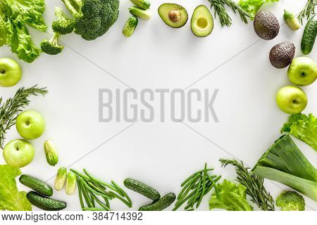 Greeny Cocktail Ingredients. Background. Сucumber, Avocado, Broccoli, Beans, Leek And Fresh Apple On