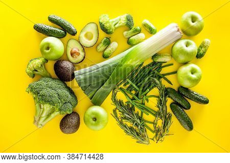 Greeny Cocktail Ingredients.green Vegetables Background. Сucumber, Avocado, Broccoli, Beans, Leek An