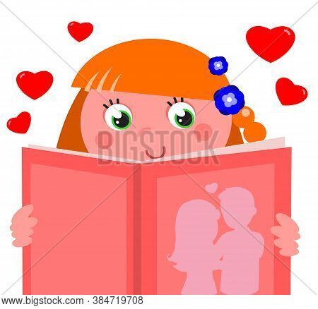 Cute Girl With Red Hair Reading A Pink Romantic Book, Cartoon Vector Illustration