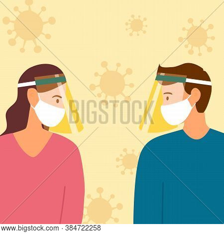 Man And Woman Wearing Face Mask And A Plastic Medical Face Shield Around With Virus Cells. Close Up 