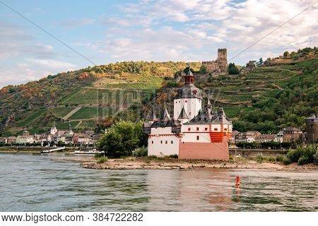 The River Rhjine Near Kaub Germany And The Castle Of Kaub