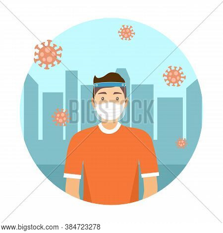 A Young Man Wearing Face Mask And A Plastic Medical Face Shield With City On Background. Close Up Sh