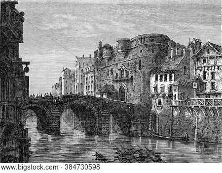 Paris The Little Chatelet, Vintage engraving. From Popular France, 1869.