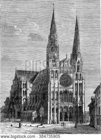 Chartres Cathedral, Vintage engraving. From Popular France, 1869.