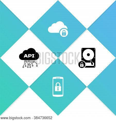 Set Cloud Api Interface, Smartphone With Lock, Computing And Hard Disk Drive And Icon. Vector