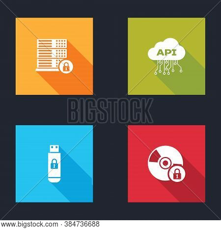 Set Server Security With Lock, Cloud Api Interface, Usb Flash Drive And Cd Or Dvd Disk Icon. Vector