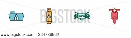 Set Folder And Lock, Usb Flash Drive With, Computer Api Interface And Scooter Icon. Vector
