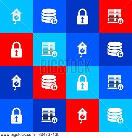 Set Retro Wall Watch, Server Security With Lock, Lock And Icon. Vector