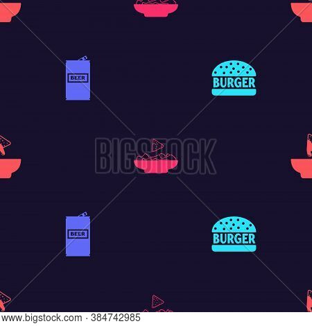 Set Burger, Beer Can, Nachos In Plate And On Seamless Pattern. Vector