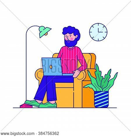 Freelance Worker Doing Work Via Laptop Vector Illustration. Happy Employee Working At Home Office Si