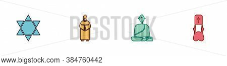 Set Star Of David, Monk, Buddhist Monk And Priest Icon. Vector