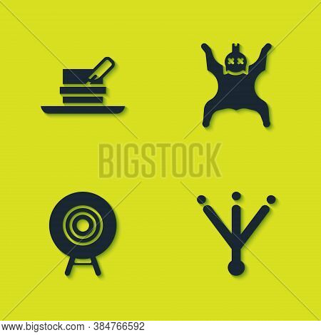 Set Hunter Hat With Feather, Bird Footprint, Target Sport And Bear Skin Icon. Vector