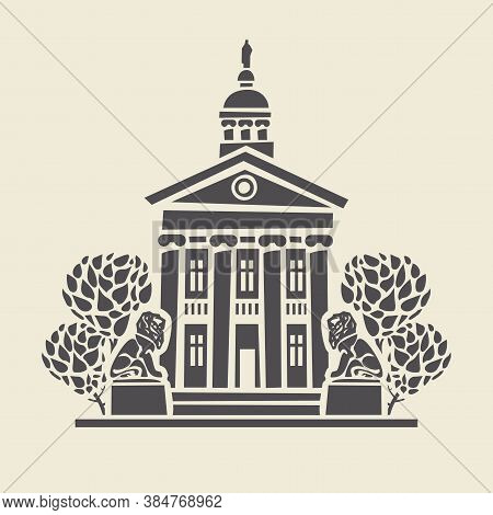 Icon Or Stencil Of A Stylized Old Two-storey Building With Columns, Trees And Two Sculptures Of Lion