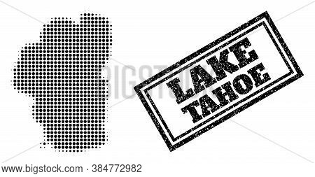 Halftone Map Of Tahoe Lake, And Grunge Seal. Halftone Map Of Tahoe Lake Made With Small Black Spheri