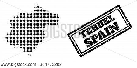 Halftone Map Of Teruel Province, And Grunge Watermark. Halftone Map Of Teruel Province Made With Sma