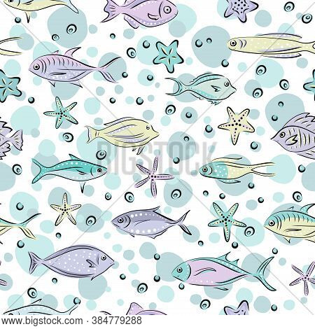 Vector Hand-drawn Pattern With Fish And Starfish. Marine Animals Seamless Background. Illustration F