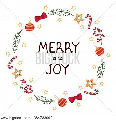 Vector Christmas Wreath Template With Lettering Merry Ang Joy. Hand Draw Frame. Use As Invitation, G