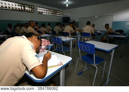 Itabuna, Bahia / Brazil - February 6, 2012: Students From Colegio Da Policia Militar Are Seen In The