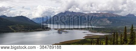 Beautiful Panoramic View Of A Small Touristic Town, Carcross, Surounded By Canadian Mountain Landsca