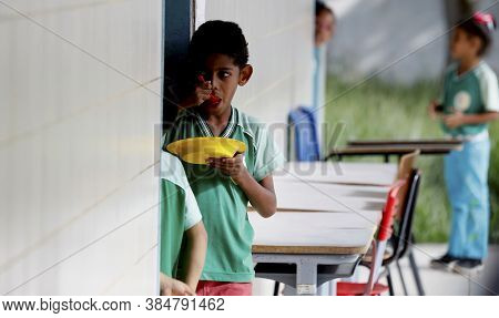 Alagoinhas Bahia / Brazil - July 3, 2019: Student Of Marco Maciel Municipal School In The City Of Al