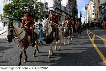 Salvador, Bahia / Brazil - July 2, 2007: Cowboys And Their Horses Are Spotted At Castro Alves Square
