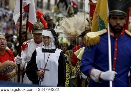 Salvador, Bahia / Brazil - July 2, 2015: People Accompany The Departure Of Caboclo And Cabocla From 
