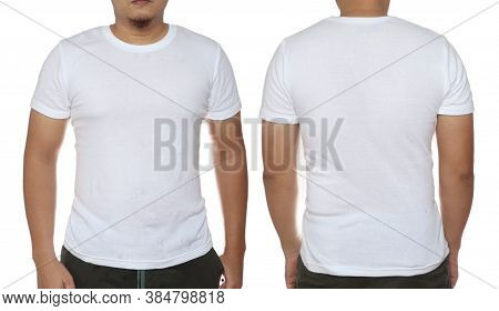 White T-shirt Mock Up, Front And Back View, Isolated. Male Model Wear Plain White Shirt Mockup. Tshi