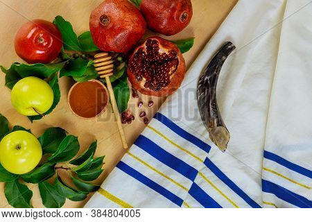 Israel Talit With Shofar And Food For Rosh Hashanah. Religion Holiday.