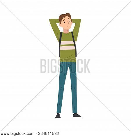 Chherful Guy In Casual Clothes Standing Throwing Hands Over Head, International College Or Universit