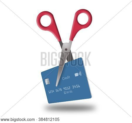 Scissors With Red Handles Is About To Cut Up A Blue Credit Card In This 3-d Illustration On A White 